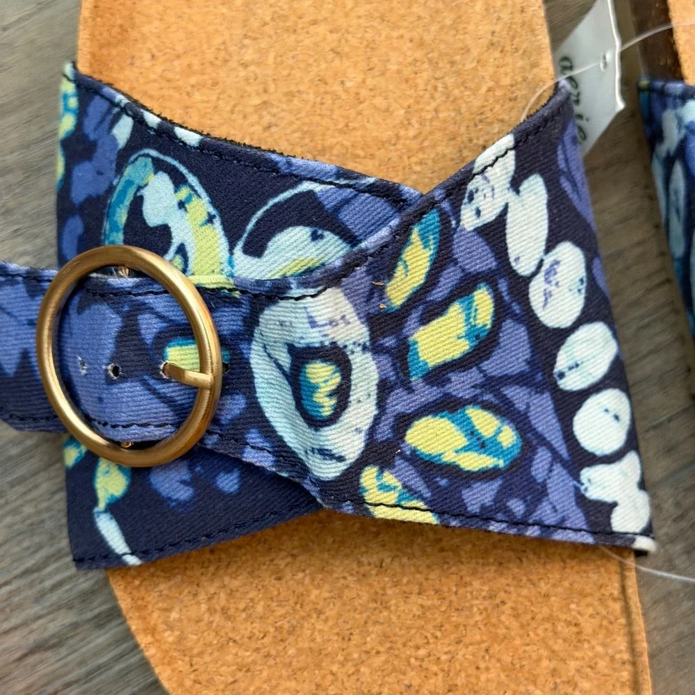 NEW Aerie Womens 10 Floral Buckle Slide Sandals Blue Yellow Cork Beach Coastal